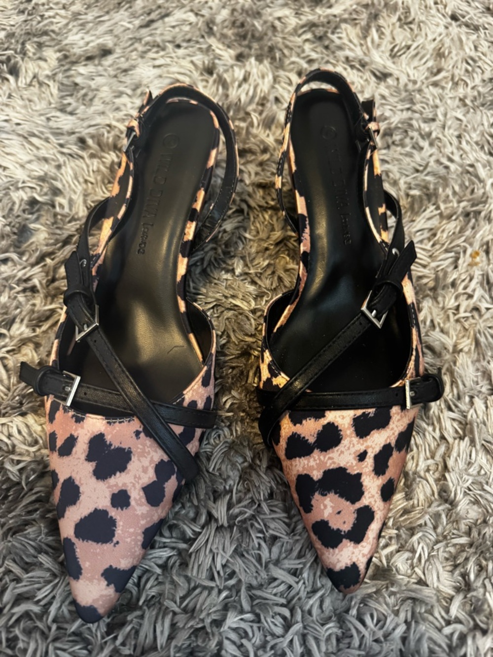 Wild Diva Pink Leopard Pointed Slingback Flats with Black Straps